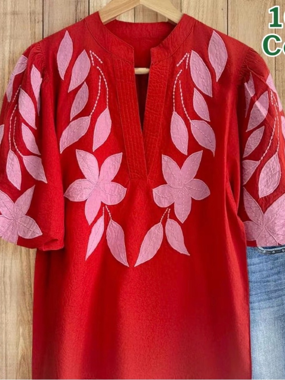 Women's Red Tunic Blouse with Pink Floral Appliqué